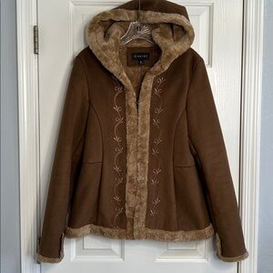 Braetan Penny Lane Coat Hooded Faux Fur Embroidered Pockets Size Small brown
